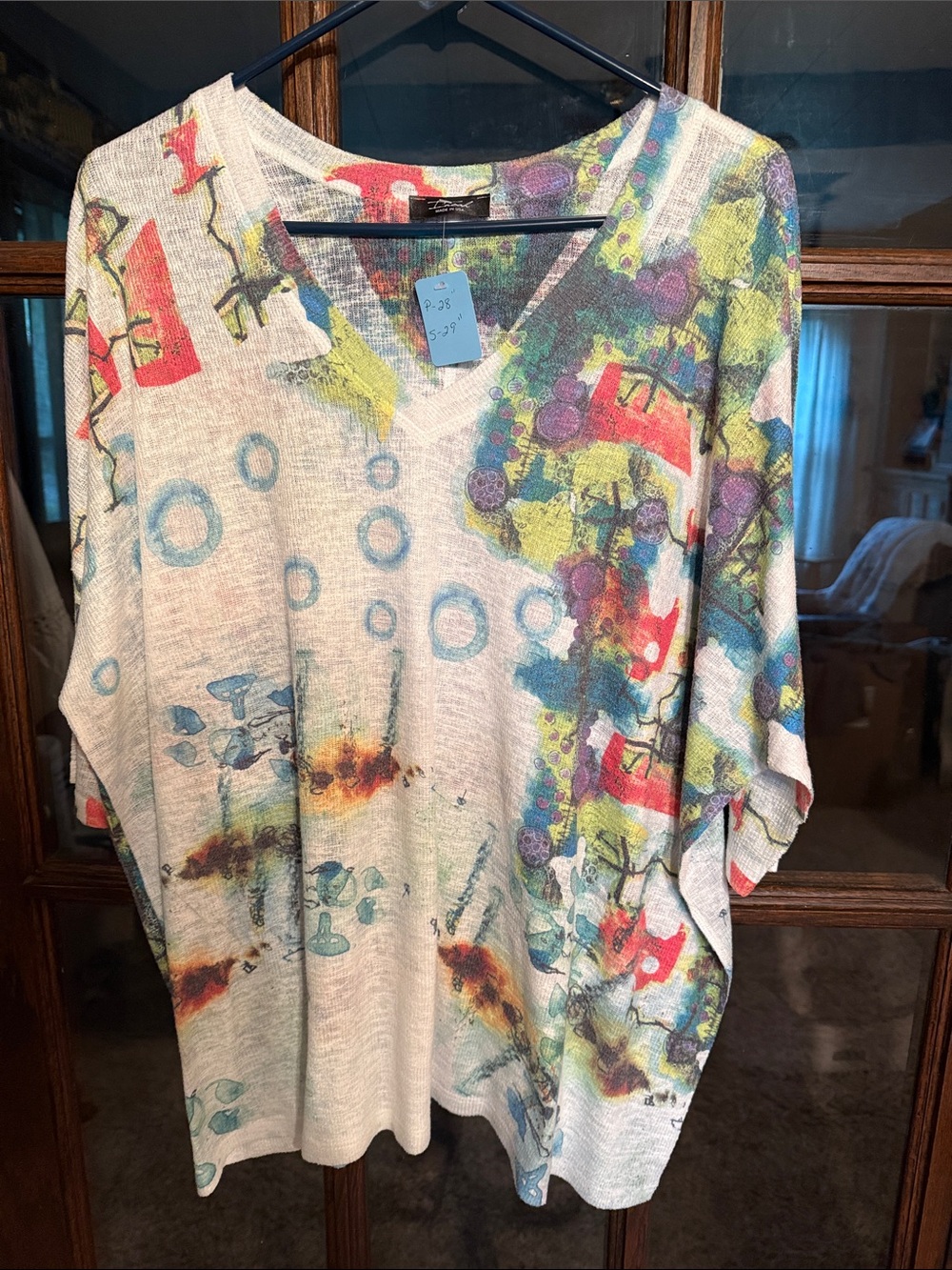 Inoah Womens Abstract Art Print V-Neck Dolman Knit Top One Size Boho Whimsical